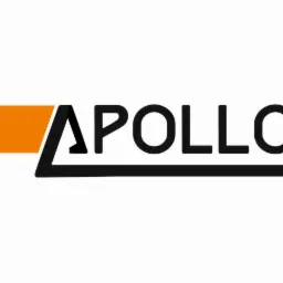 Logo firmy Apollo z pomarańczowym akcentem graficznym i czarnym napisem na białym tle. Prosta, nowoczesna typografia.