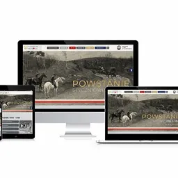 Responsywny projekt strony internetowej bilgorajnista.pl na monitorze, laptopie, tablecie i smartfonie, prezentujący scenę z powstania styczniowego.