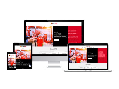 Responsywna strona internetowa serwisu PPOŻ wyświetlana na monitorze, laptopie, tablecie i smartfonie, z dominującą kolorystyką czerwono-czarną i widocznym logo Draftfire.