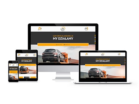 Responsywny układ strony internetowej 'Gdy droga zaskakuje, My Działamy' wyświetlany na monitorze, laptopie, tablecie i smartfonie, prezentujący widok lawety z samochodem.