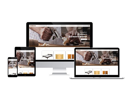 Responsywny projekt sklepu internetowego Gelia.pl prezentowany na ekranach komputera, laptopa, tabletu i smartfona, z motywem obróbki drewna i strugiem w tle.