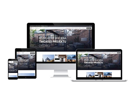 Responsywny układ strony internetowej na ekranie komputera, tabletu i smartfona, prezentujący nowoczesną architekturę ogrodową z hasłem 'Bezpłatna wycena Twojego projektu'.
