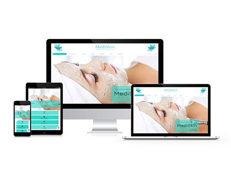 Responsywna strona internetowa Mediskin-Bilgoraj.pl wyświetlana na monitorze, laptopie, tablecie i smartfonie, prezentująca układ i interfejs użytkownika na różnych urządzeniach.