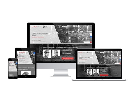 Responsywny układ strony internetowej 'Obróncy 1939' wyświetlany na monitorze, laptopie, tablecie i smartfonie, prezentujący projekt w różnych rozdzielczościach.