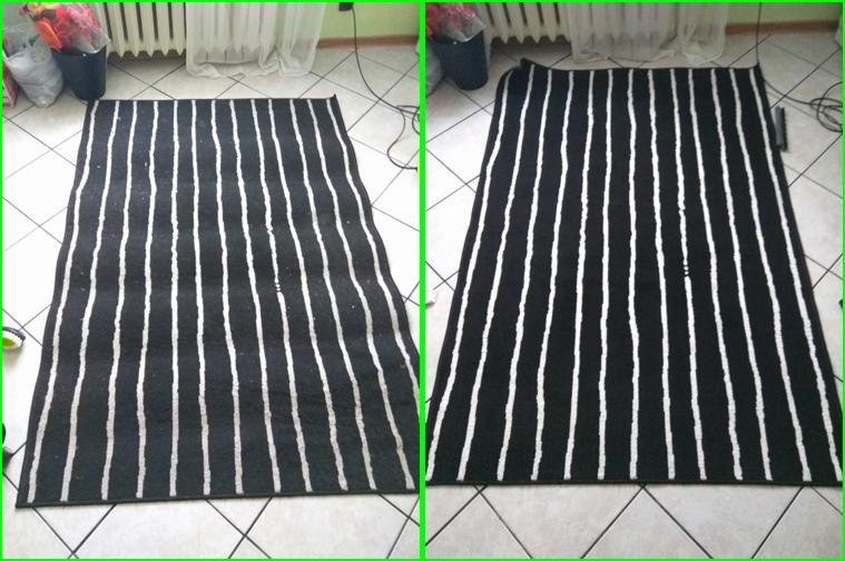 Czarno-biały dywan w paski, po lewej stronie przed czyszczeniem, po prawej po czyszczeniu, widoczna różnica w czystości i wyglądzie.