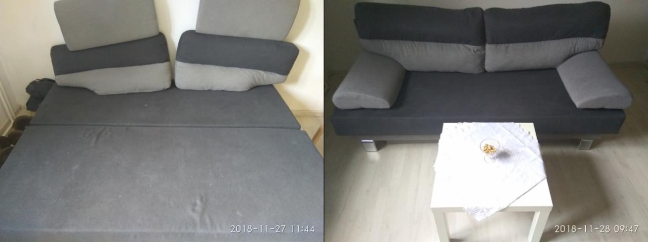 Rozłożona szara kanapa z widocznymi śladami użytkowania na siedzisku, obok stolik z przekąskami, podział na dwa ujęcia z różnym oświetleniem.