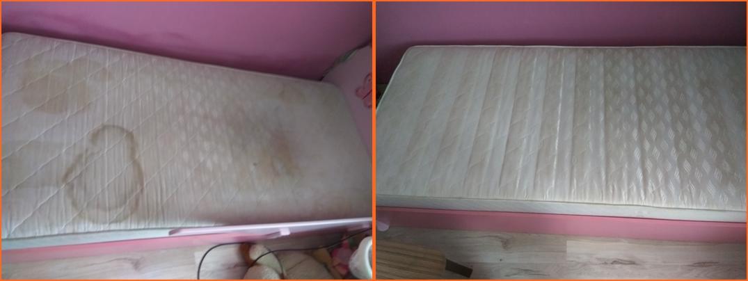 Materac dziecięcy z widocznymi plamami przed i po czyszczeniu, ukazujący efekt odświeżenia i usunięcia zabrudzeń.