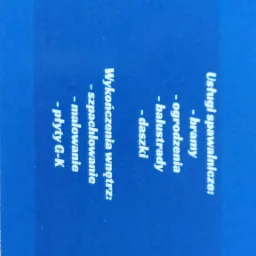 Niebieska ulotka reklamowa z listą usług spawalniczych i wykończenia wnętrz, w tym bramy, ogrodzenia, balustrady, szpachlowanie, malowanie i płyty G-K.