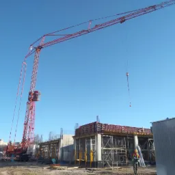 Czerwony żuraw wieżowy na placu budowy z widocznymi szalunkami i pracownikiem w żółtym kasku, błękitne niebo w tle.