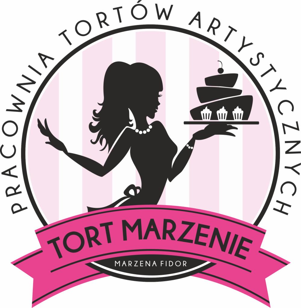 Logo firmy 'Tort Marzenie' przedstawiające sylwetkę kobiety w fartuchu trzymającej tort piętrowy z babeczkami, otoczone napisem 'Pracownia Tortów Artystycznych'.