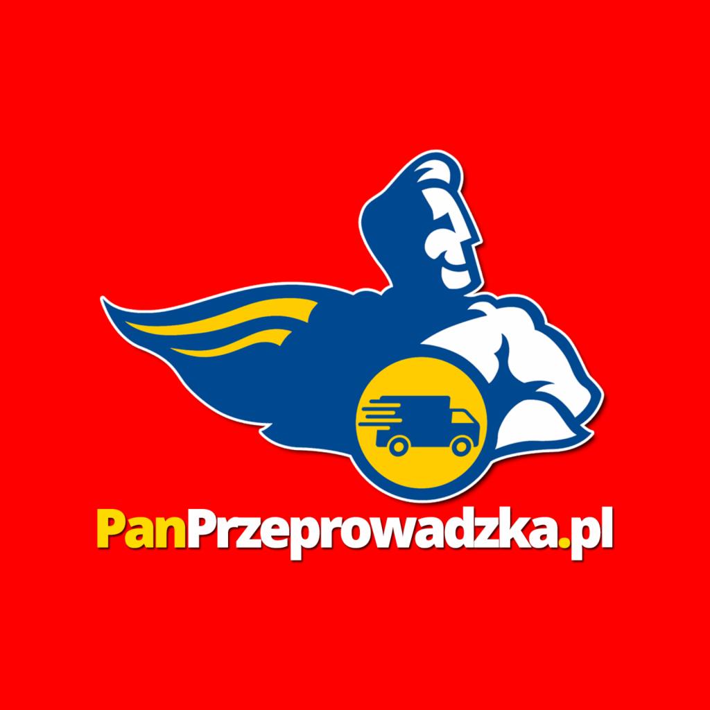 Logo firmy transportowej PanPrzeprowadzka.pl przedstawiające stylizowaną postać z busem w żółtym okręgu, na czerwonym tle.