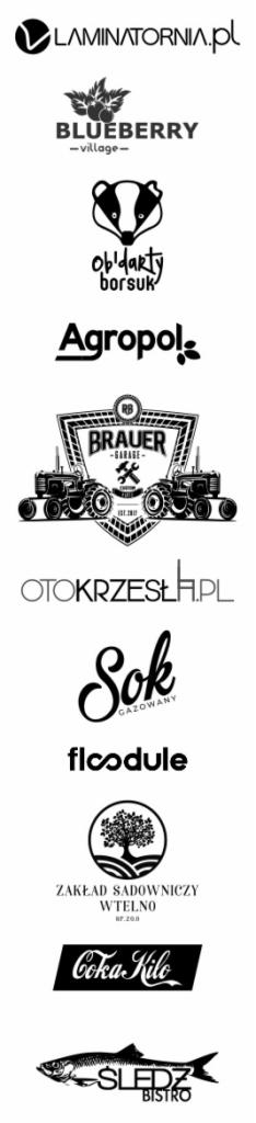 Kompilacja czarno-białych logo różnych firm, prezentująca zróżnicowane style graficzne, od minimalistycznych symboli po bardziej złożone ilustracje i typografię.