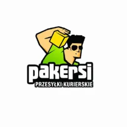 Ilustracja logo firmy kurierskiej przedstawiająca postać w zielonej koszulce rzucającą żółtym sześcianem, z napisem 'pakersi przesyłki kurierskie' poniżej.