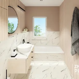 Wizualizacja łazienki w beżach i bieli z marmurowymi płytkami, owalną umywalką nablatową, czarną armaturą i okrągłym lustrem, ręczniki w odcieniach szarości po prawej stronie.