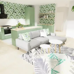 Wizualizacja przestronnego wnętrza z otwartą kuchnią i salonem, charakteryzująca się jasną kolorystyką i motywem roślinnym na ścianach, zielone szafki kuchenne, szara sofa z poduszkami w liście...