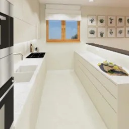 Jasna, minimalistyczna kuchnia z wyspą, ozdobiona ziołami w doniczkach i grafikami roślinnymi na ścianie, widok z perspektywy piekarnika.