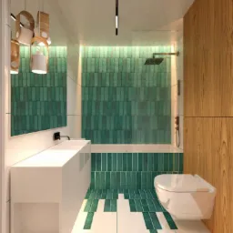 Nowoczesna łazienka z turkusowymi płytkami ułożonymi pionowo na ścianach i podłodze tworzącymi geometryczny wzór, białą umywalką z szafką, wiszącą toaletą i drewnianą ścianą akcentującą.