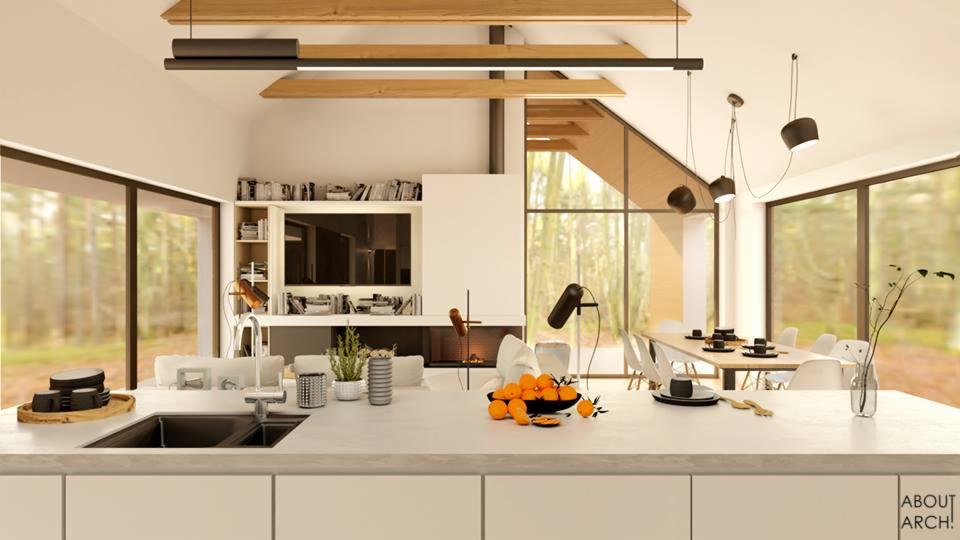 Wizualizacja przestronnej kuchni z wyspą i jadalnią, duże okna z widokiem na las, minimalistyczne oświetlenie, dekoracyjny kominek, pomarańcze w czarnej misie na blacie.