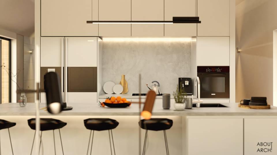 Wizualizacja nowoczesnej kuchni z białymi szafkami, wyspą z czarnymi hokerami, podświetleniem LED pod szafkami wiszącymi i minimalistyczną lampą sufitową.