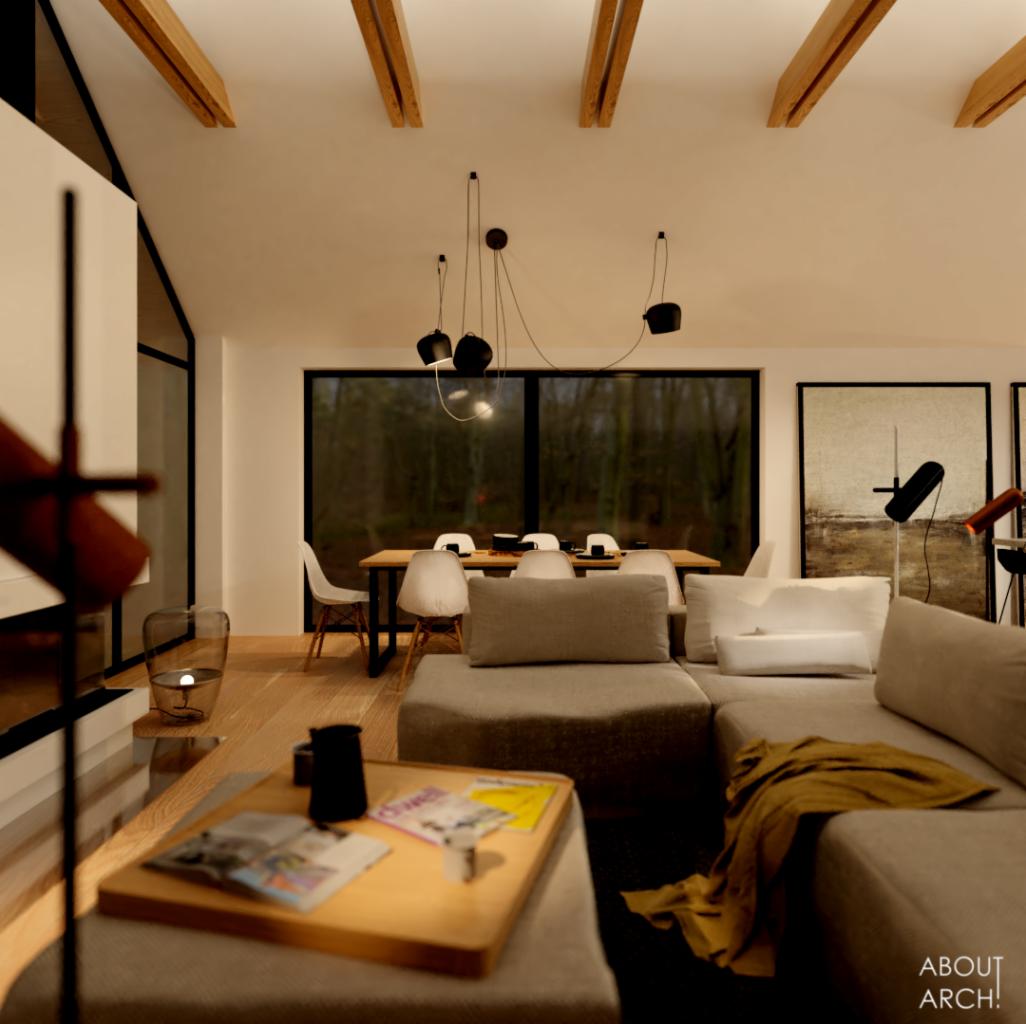 Wizualizacja przestronnego salonu z jadalnią, szara sofa modułowa z żółtym pledem, drewniany stolik kawowy z magazynami, stół jadalny z krzesłami Eames przy oknie z widokiem na las, wiszące lampy...