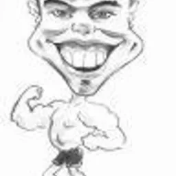 Czarno-biała karykatura mężczyzny z przesadnie powiększoną głową i muskulaturą, ubrany jedynie w krótkie spodenki, prezentujący biceps.