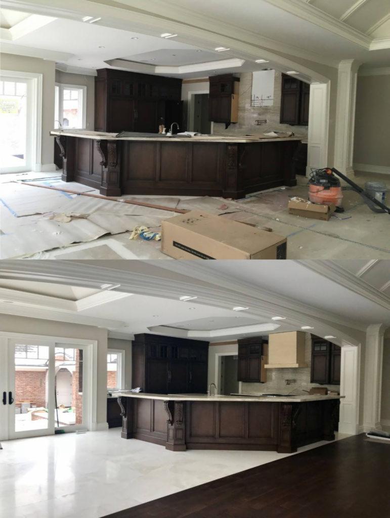 Porównanie stanu kuchni przed i po remoncie: góra - bałagan, folia ochronna, kartony; dół - czysta, marmurowa podłoga, widok na ogród przez przesuwne drzwi.