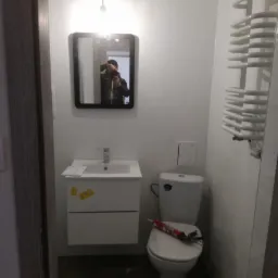 Nowoczesna łazienka z białymi płytkami, wisząca szafka z umywalką, toaleta z aplikatorem silikonu na desce oraz grzejnik drabinkowy. W lustrze odbija się osoba robiąca zdjęcie.