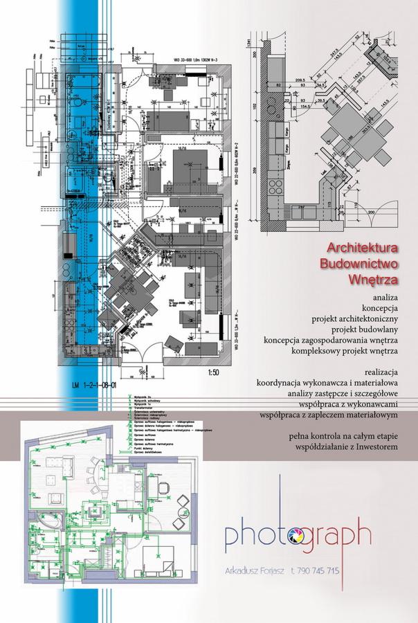 Rzut architektoniczny mieszkania z uwzględnieniem instalacji elektrycznej i wodno-kanalizacyjnej, prezentowany jako oferta firmy architektonicznej.