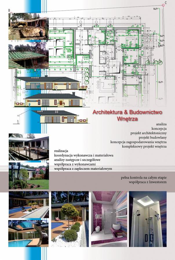 Plansza architektoniczna prezentująca przekroje i rzuty budynku w Warszawie, ilustrująca etapy budowy, od fundamentów po wykończone wnętrza i zagospodarowanie terenu z basenem.