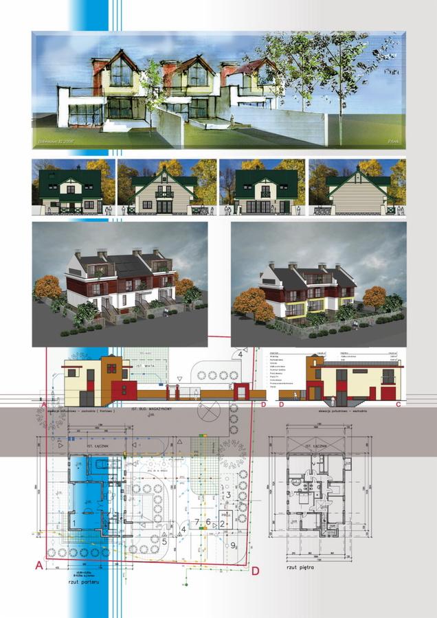 Zestawienie wizualizacji i planów architektonicznych nowoczesnego domu z elementami drewna, prezentujące elewacje, rzuty parteru i piętra oraz trójwymiarowe modele.