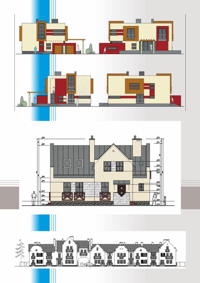 Rzut elewacji domu jednorodzinnego z wymiarami, przedstawiony w formie rysunku technicznego z różnymi wariantami kolorystycznymi.