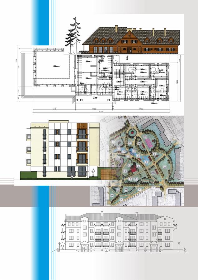 Zestawienie planów architektonicznych: rzut poziomy domu z bali, elewacja budynku wielorodzinnego z balkonami oraz plan zagospodarowania terenu zielonego z alejkami i placami zabaw.