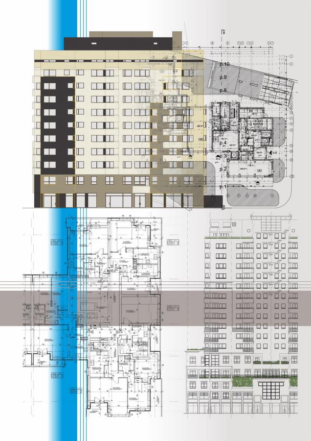 Kompozycja wizualna łącząca render budynku wielorodzinnego z fragmentami rzutów kondygnacji, prezentująca projekt architektoniczny.