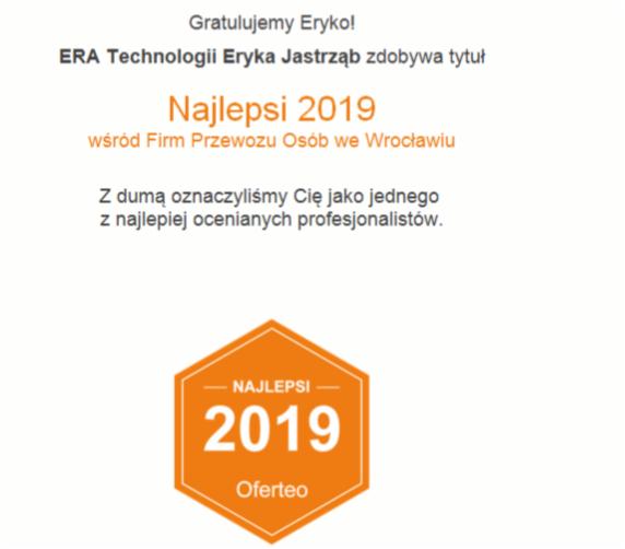 Dyplom Oferteo dla firmy ERA Technologii Eryka Jastrząb jako Najlepsi 2019 wśród firm przewozu osób we Wrocławiu.