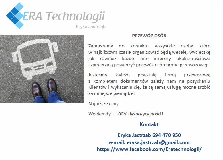 Grafika reklamowa firmy przewozowej: biały symbol autobusu narysowany na asfalcie, poniżej stopy w brązowych butach, obok tekst reklamowy z ofertą przewozu osób na wesela i imprezy okolicznościowe.