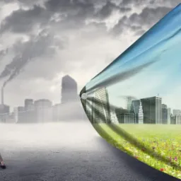 Kobieta w kasku ciągnie łańcuch, odsłaniając czyste miasto z łąką kwiatów, ukrywając dymiące kominy i smog za zasłoną.