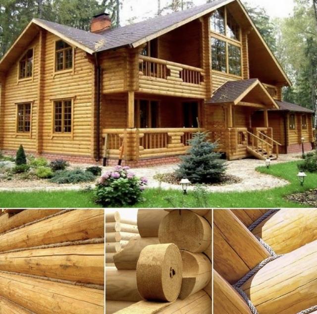 Dwupiętrowy dom z bali z balkonem, widoczne detale konstrukcyjne i izolacja między balami.