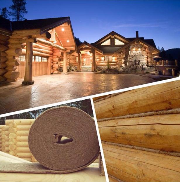 Kompozycja przedstawiająca dom z bali oświetlony wieczornym światłem, z detalami izolacji w rolce i uszczelniania między balami.