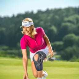 Uśmiechnięta blond kobieta w różowej koszulce i białej spódniczce na polu golfowym, w ortezie na kolanie, kładzie piłeczkę golfową na trawie, trzymając kij golfowy w drugiej ręce.