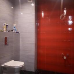 Osoba prywatna - Nowoczesna łazienka z czerwonymi i szarymi płytkami, czarną marmurową podłogą i podwieszaną toaletą, widoczne elementy instalacji wodnej na czerwonej ścianie.