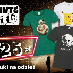 Promocja na nadruki na odzieży: koszulki z motywami BB-8, Pikachu i Einsteinem na tle rozgwieżdżonego nieba, cena od 25 zł.