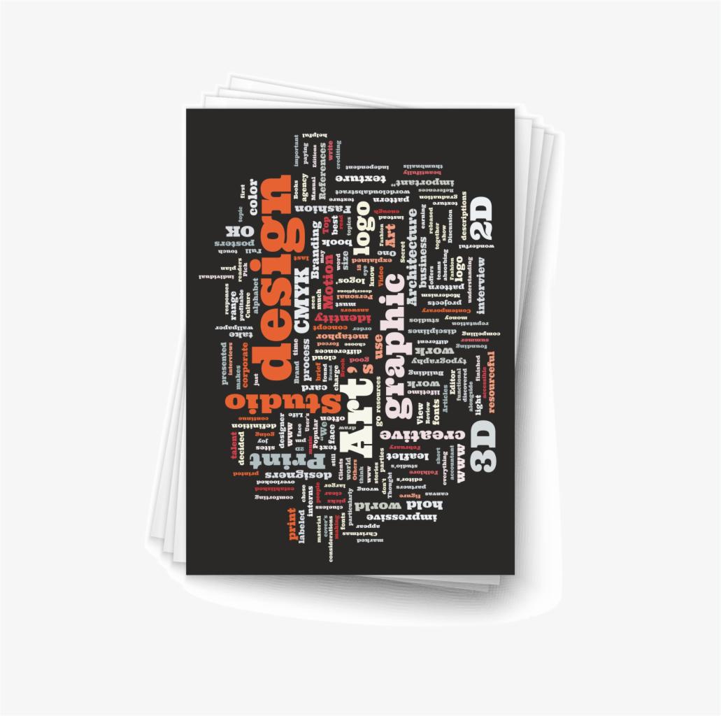 Plik ulotek z chmurą słów związaną z projektowaniem graficznym, brandingiem i identyfikacją wizualną, na białym tle.