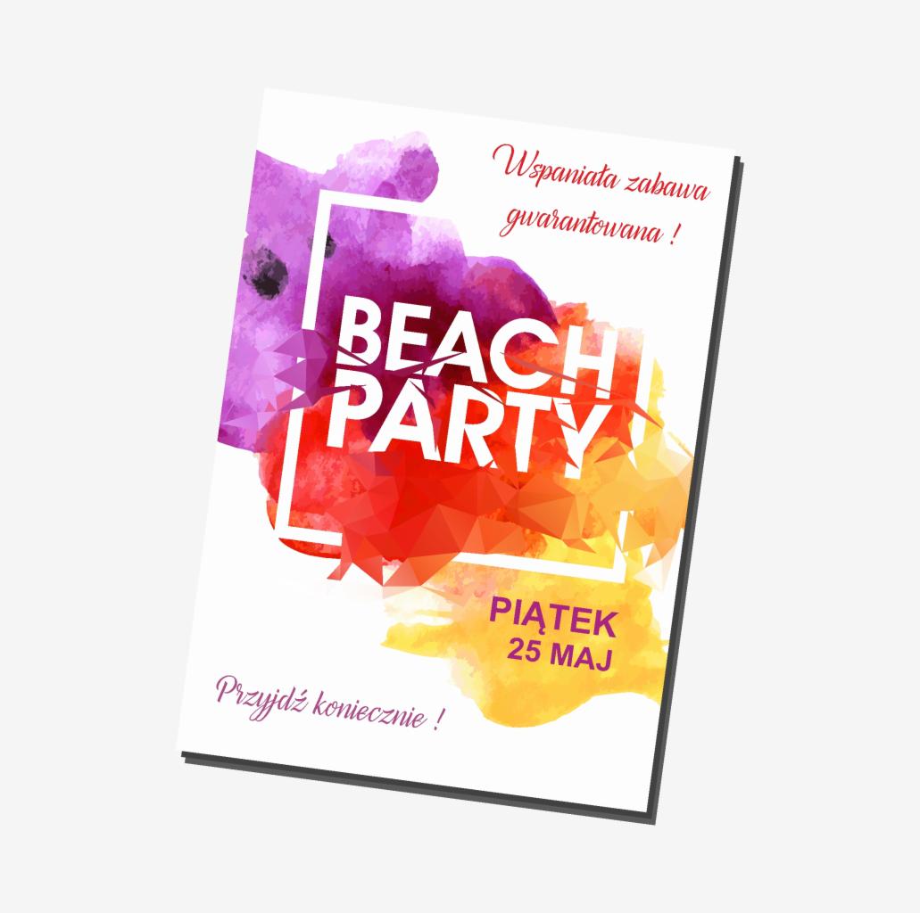 Grafika reklamowa zapraszająca na imprezę Beach Party, z datą 25 maja, w biało-fioletowo-czerwono-żółtej kolorystyce i hasłem 'Wspaniała zabawa gwarantowana!'