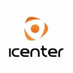 Pomarańczowe logo firmy Icenter, składające się z trzech strzałek tworzących trójkąt wewnątrz okręgu, umieszczone nad nazwą firmy napisaną czarną, prostą czcionką na białym tle.