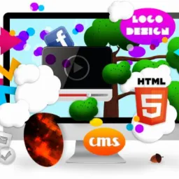 Ilustracja przedstawia monitor z wyświetloną kompozycją graficzną zawierającą elementy takie jak ikona Facebooka, napis 'Logo Design', logo HTML5, napis 'CMS', ikonę odtwarzacza wideo, strzałki...