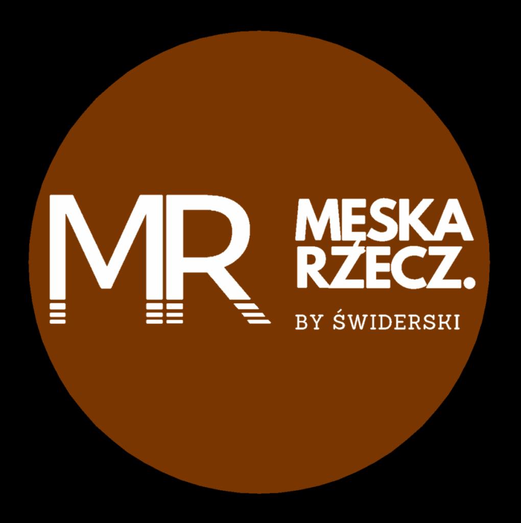 Logo firmy odzieżowej 'MR Męska Rzecz. by Świderski' w okręgu koloru brązowego z białymi napisami i liniami.