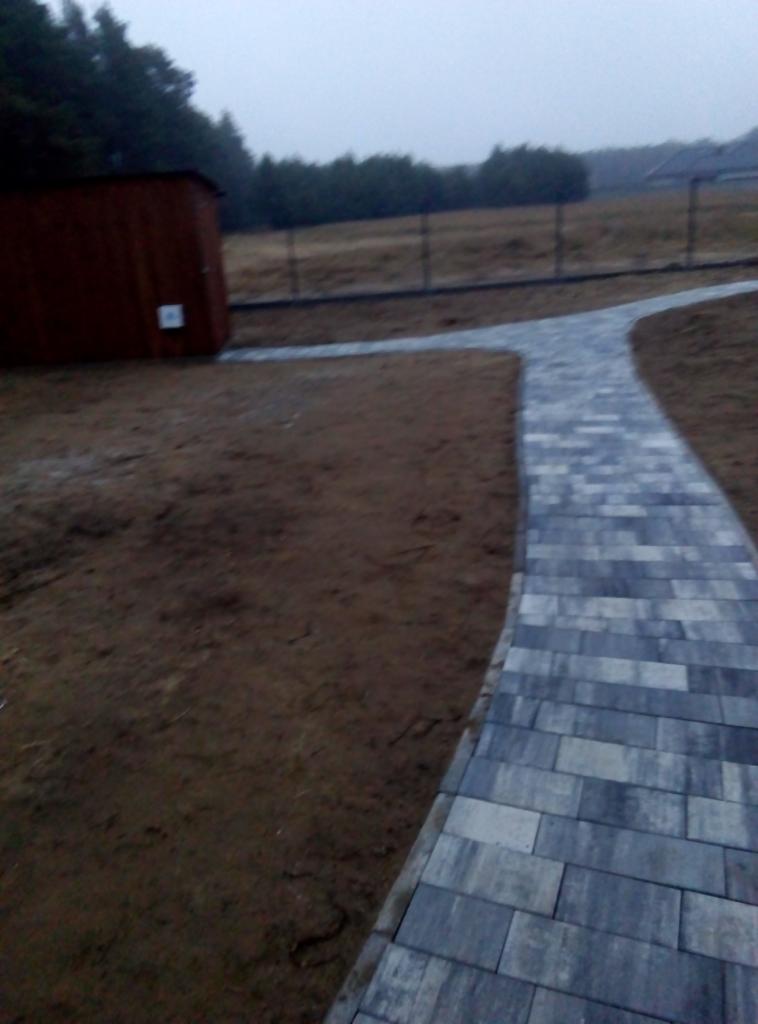 Ścieżka z szarej kostki brukowej rozwidlająca się w ogrodzie, obok drewnianej altany i ogrodzenia z siatki, pochmurny dzień.