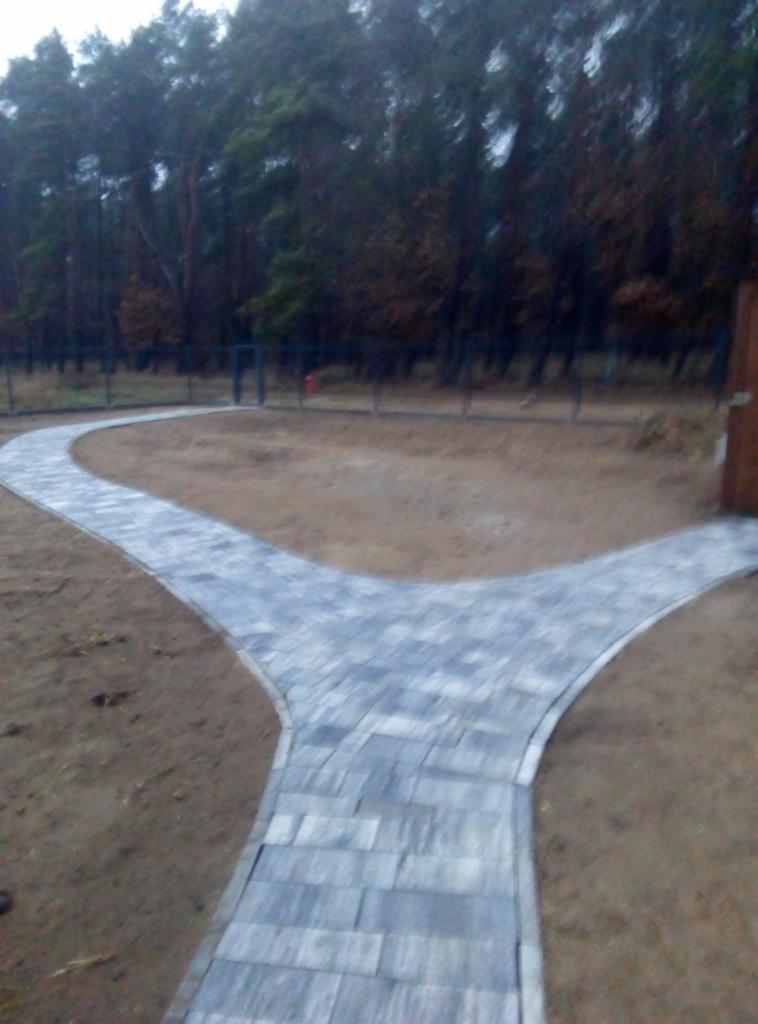 Rozwidlający się chodnik z szarej kostki brukowej w ogrodzie, prowadzący w kierunku lasu, z widocznym ogrodzeniem w tle.