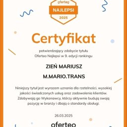 Kolejny raz mamy certyfikat.
Dziękujęmy naszym klientom,oraz polecamy sie nowym do skorzystania z naszych usług 