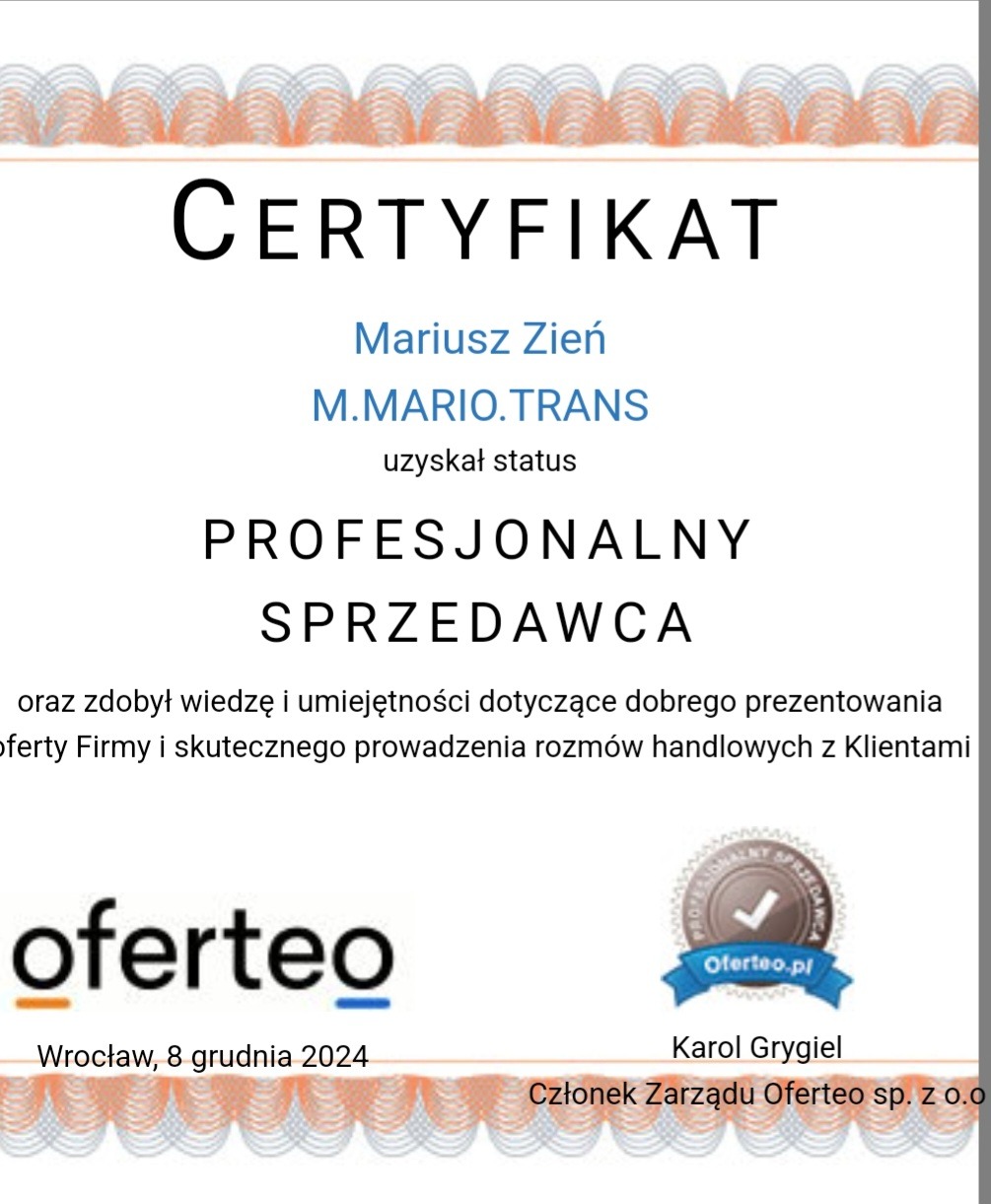 Skan certyfikatu Oferteo dla firmy M.MARIO.TRANS, potwierdzający status profesjonalnego sprzedawcy, z datą 8 grudnia 2024 i podpisem członka zarządu Oferteo.